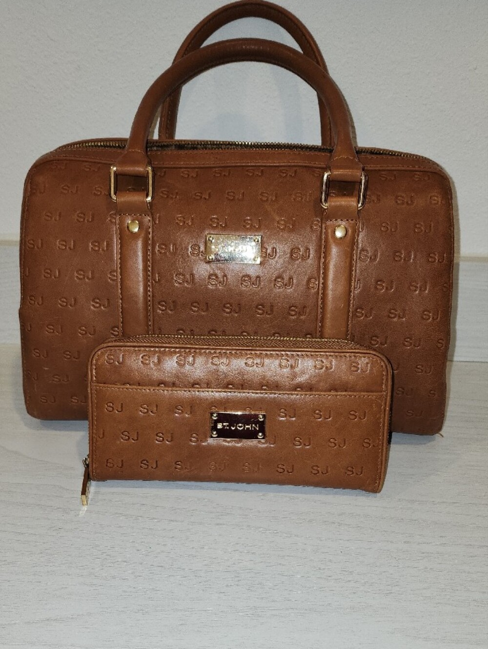 St John Embossed British Tan Leather Satchel Bag With Zip Around Wallet